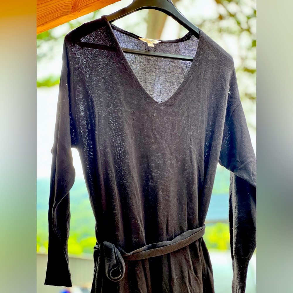 Basic Black, modest v-neck, long sleeve midi dress